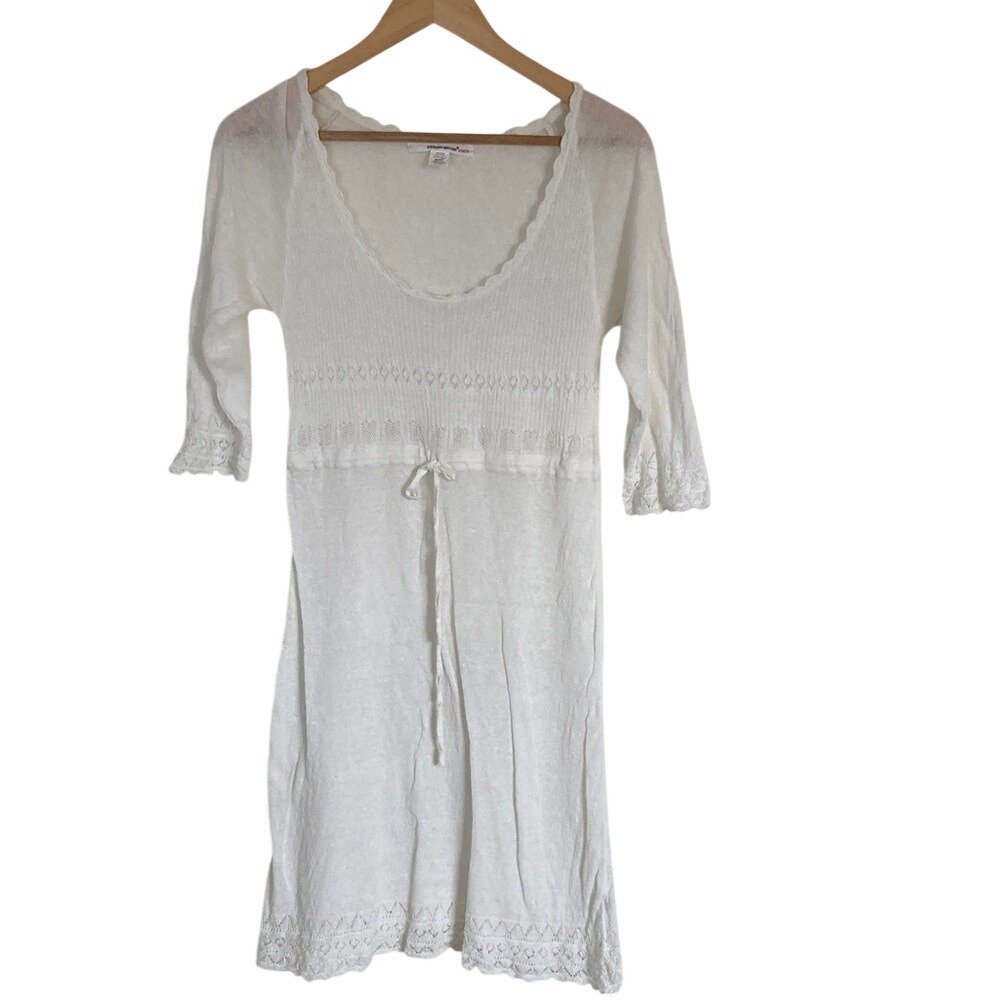 Stewart + Brown Green White Knit Linen Blend Dress Size M‎ Scoop Neck Sheer Swim